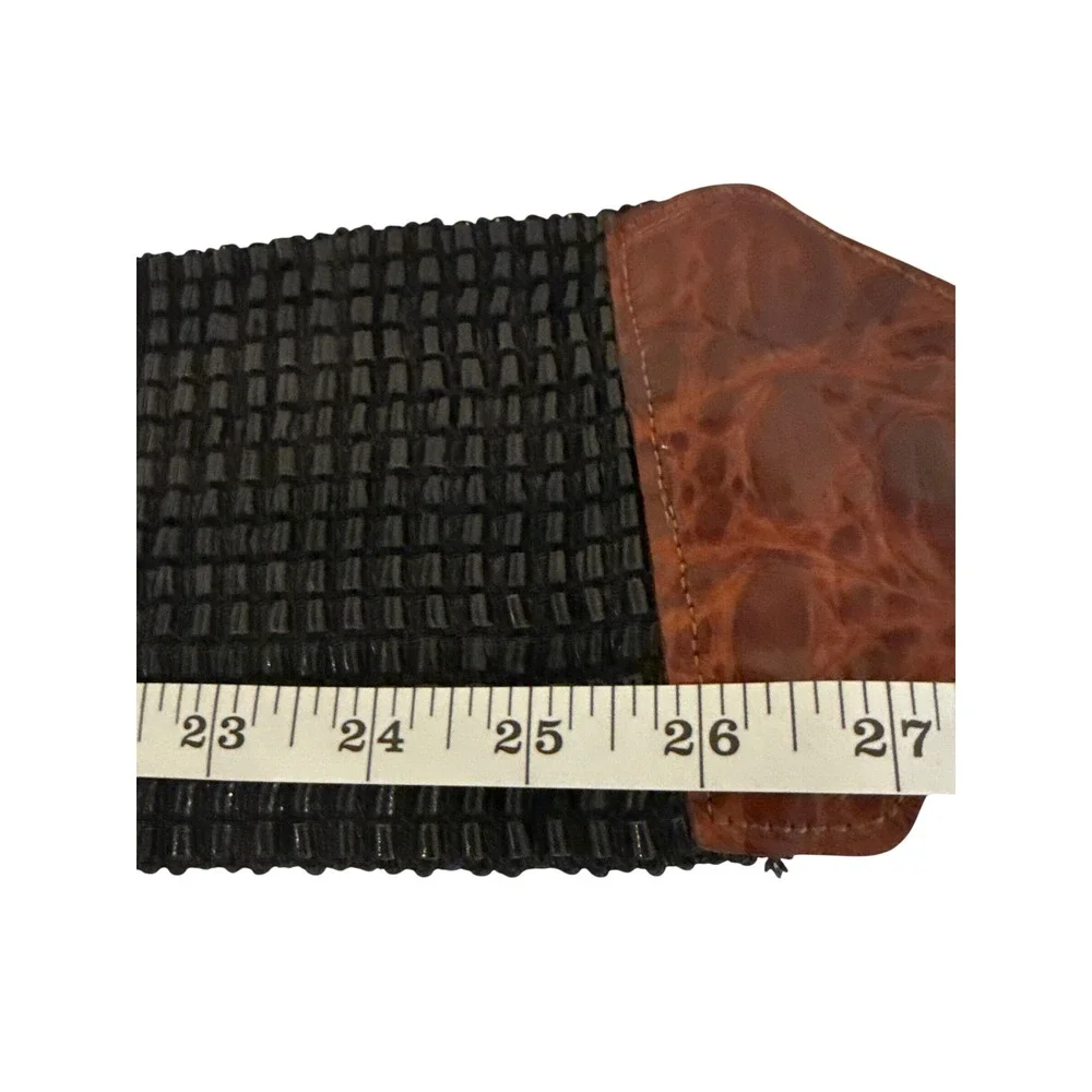 Vintage Wide Elastic Cinch Belt Black Woven Brown Croc Embossed Leather M L 301